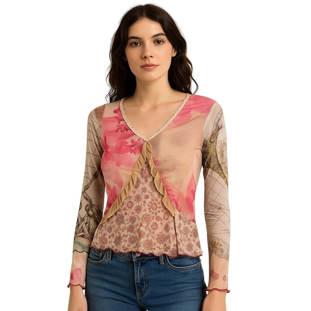 BY MAURICE Vintage Y2K Sheer Mesh Top Renaissance Map Floral Patchwork Print M - Picture 2 of 12